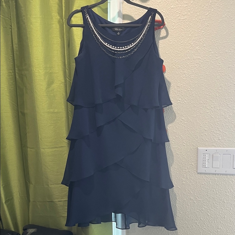 SL Fashions Navy Tiered Ruffle Mini Dress with Beaded Neckline